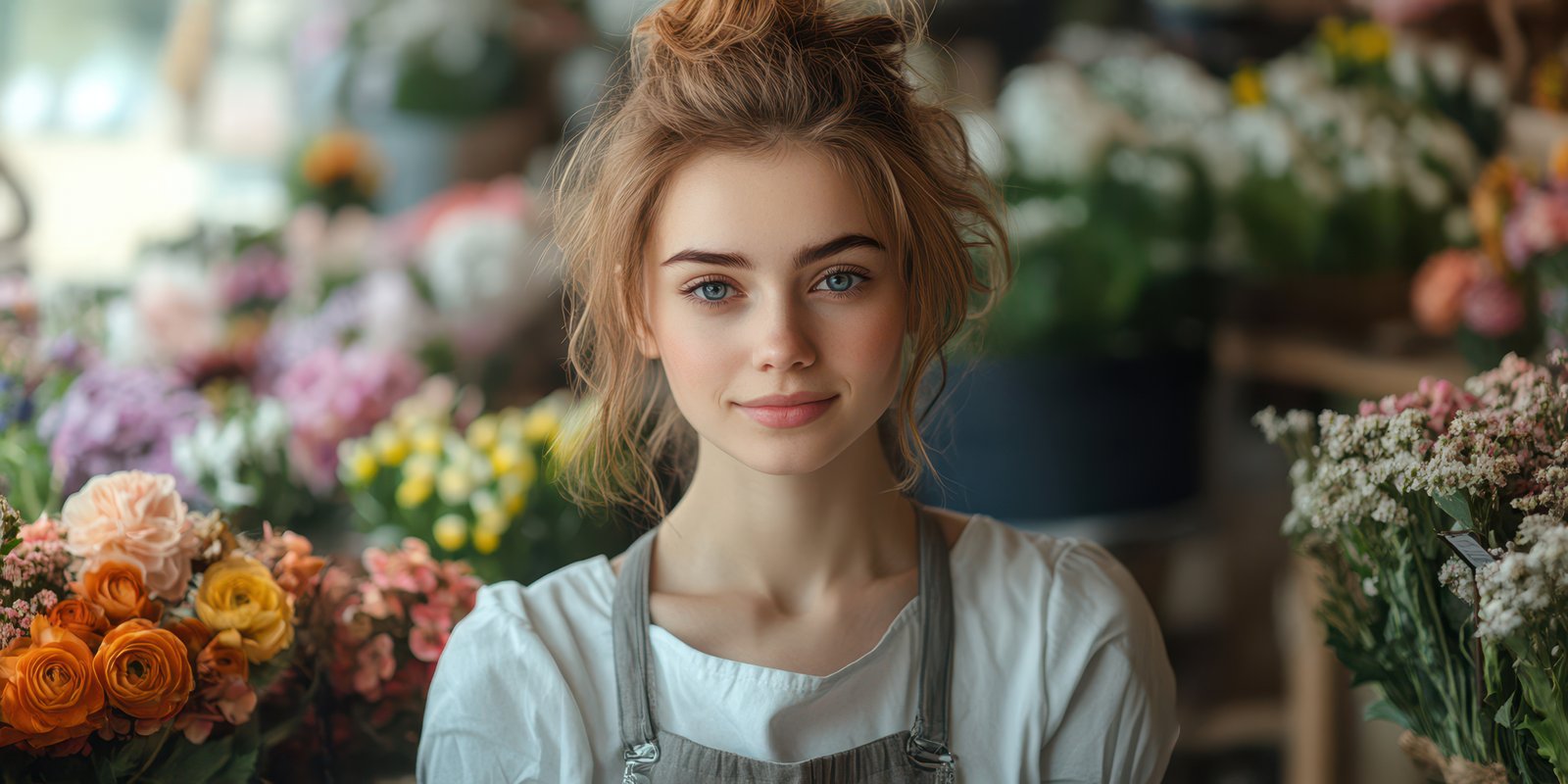 Young woman smiles in a flower shop surrounded by colorful arrangements during daylight hours